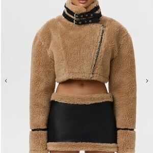naked wardrobe Cropped Teddy Jacket in Camel with Black Trim